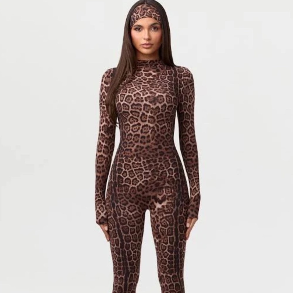 NAKED Wardrobe BROWN LEOPARD CLOSED TOE JUMPSUIT with Headband
